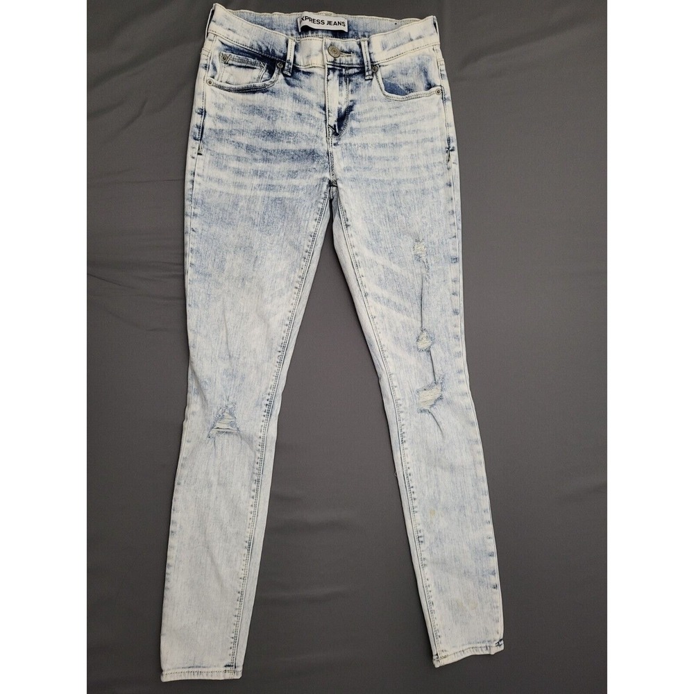 Express Jeans Mia Mid Rise Legging Skinny Acid Wash Distressed Blue 0 Distressed
